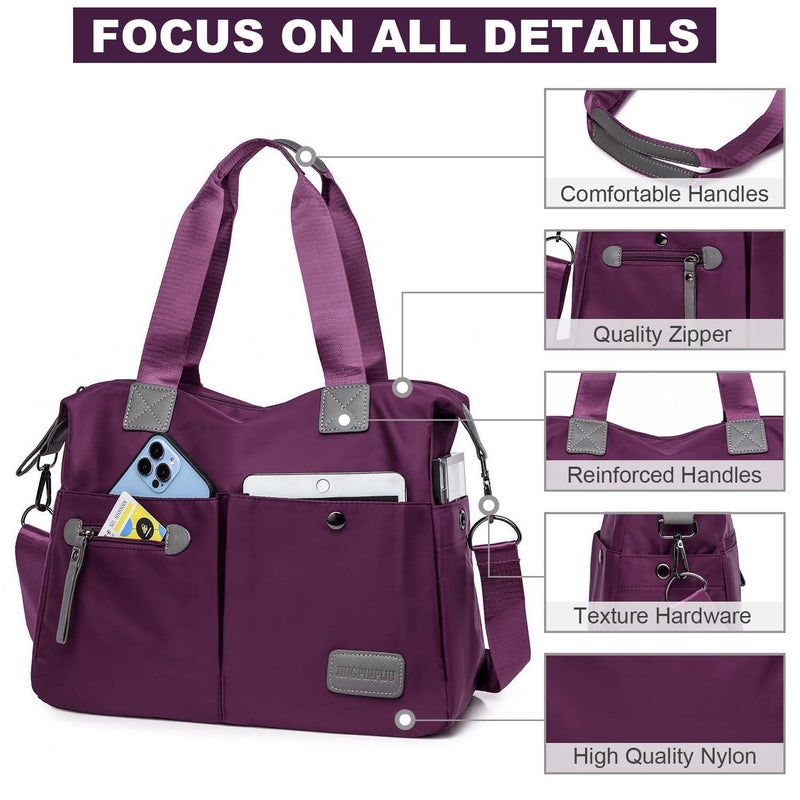 YouNuo Women's Tote Bag with Multiple Pockets & Zipper, Nylon, Purple 1 - Image 3